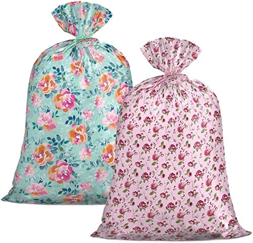 Loveinside Velika plastična poklon torba, plastična torba cvjetnog dizajna sa oznakom i kravatom za rođendan,