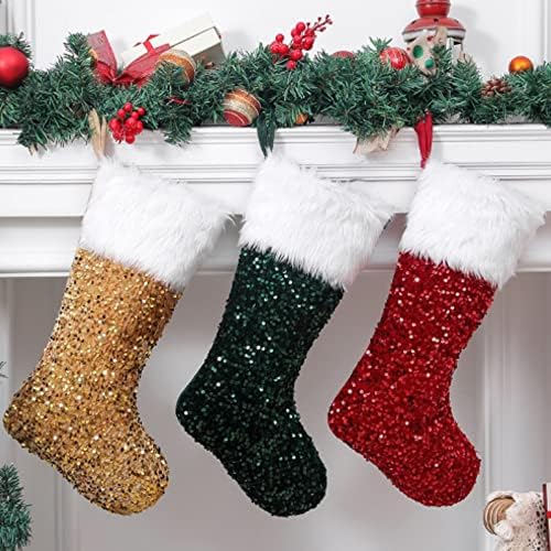 Oteawe 18 inča Božićne čarape Sequin plišane čarape 2022 Xmas Flannelette poklon ukrasi veznim božićnim
