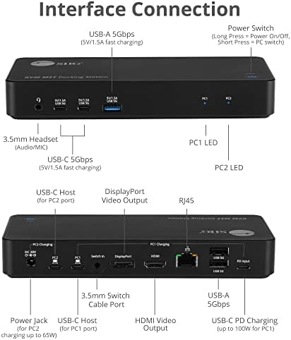 SIIG USB-C 2-Port KVM Switch MST priključna stanica sa PD 65W, za 2 monitora 2 računara, 1x HDMI 1x DisplayPort, Gigabit Ethernet, priključak za slušalice