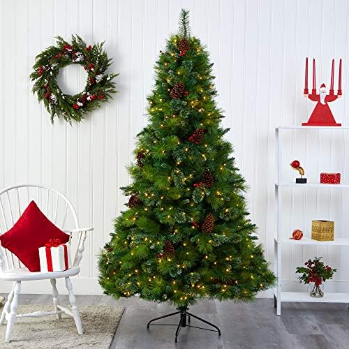 Skoro prirodno 7ft. MONTANA Mješovita borova umjetna božićna stablo s borovima, bobicama i 500 čistih LED svjetla, zelena