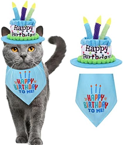 Ushang Pet Handmade Cat Happy Rođendan Hat sa šarenim svijećama i zelenim pom Poms, plavom mačkom rođendanske