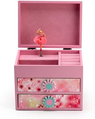 Pink drvena cvjetna tema 18 Napomena Spinning Ballerina Music Box - Mnoge pjesme koje treba odabrati - pjevanje na kiši