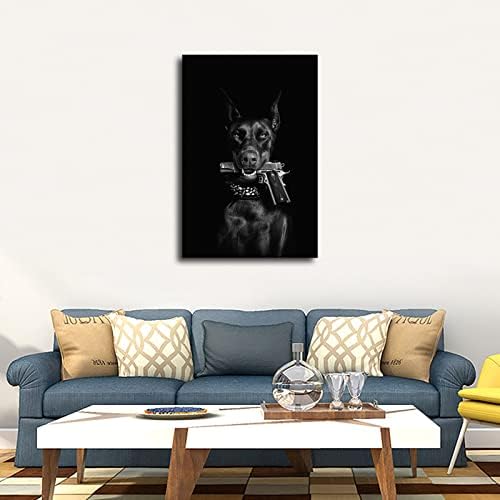 Pas Doberman sa pištoljem crno-bijeli pet Portretni Poster Kućni dekor platno slikarstvo HD Slika spavaća soba dnevni boravak dekor zidna umjetnost bez okvira i uokvirena viseća