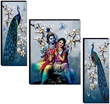 Bbrats Set od 3 Radha Krishna sa parom paun UV teksturirani Kućni ukrasni predmet samoljepljiva Slika 18 inča X 12 inča - više boja
