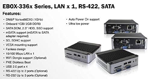 Mini Box PC EB-3360-B1C2421P sadrži RS-232 Port x 2, RS-422 Port x 1, CANbus Port x 1, mPCIe Port x 1 i funkciju automatskog uključivanja