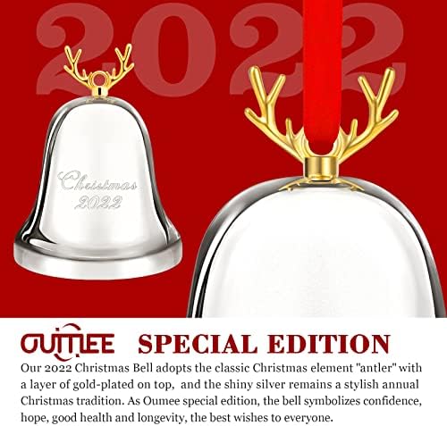 Božićno zvono 2022, godišnji Ornamenti srebrnog zvona za dekoracije jelke, praznično metalno Zvono za godišnjicu sa trakom & Poklon kutija