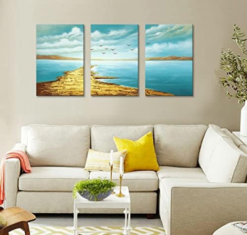 Teksturirana plava i Zlatna slika morskog pejzaža ručno rađena plaža platnena zidna umjetnost 3 komada apstraktno