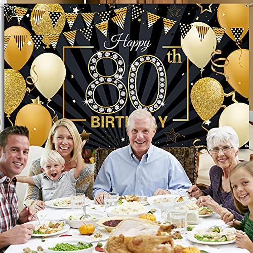 Happy 80th birthday Backdrop Banner Extra Large Black and Gold 80th Birthday Photo Booth Backdrop