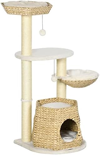 Pawhut 47 Cat Tree Kitty Center Activity Center, igračka za penjanje s mačkama sa mačkama, krevet, krevet, sisal ogrebotina, i visećim loptom, prirodnim