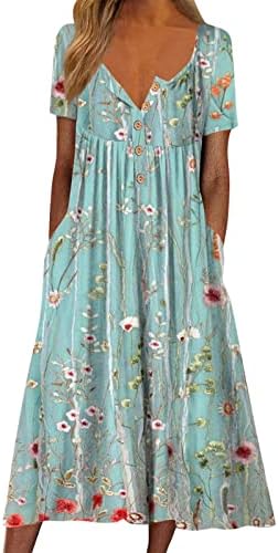 Miashui haljina za žene ispod koljena Žene modni kratki rukav Dugi povremeni cvijetni gumb okrugli
