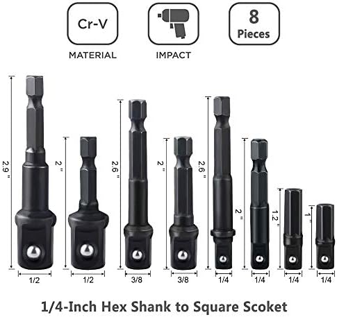 Yakamoz 12 u 1 Air Impact čegrtaljke set alata za konverziju, 8kom 1/4-inčni Hex Shank Impact Socket Adapter Extension Bar Set & 4kom Drive Socket Adapter Converter Reducer Set | 1/4 3/8 1/2
