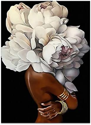 Afroamerička zidna Umjetnost bijeli cvijet na crnoj ženskoj glavi Vintage platno umjetničke slike Moderna apstraktna djevojka slika Kućni zidni dekor za spavaću sobu dnevni boravak uokviren spreman za vješanje
