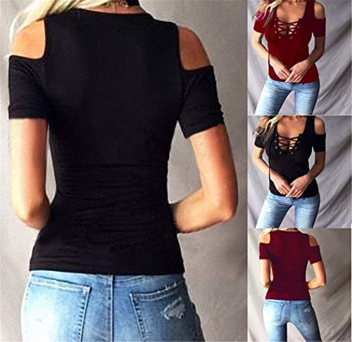 Andongnywell ženske seksi sa ramena uže kratki rukav T-Shirt V vrat bluza prednji vrh T-Shirt tunike