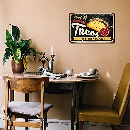 Poster restorana Meksički Tacos Tin Znakovi, vruća i začinjena meksička kuhinja sa ukusnim Taco na tamnoj pozadini Vintage metalni Limeni znak za muškarce žene,zidni dekor za barove, restorane,kafiće Pabovi,12x8 inč