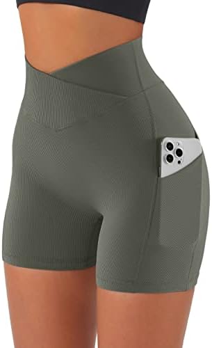 OMKAGI ženske kratke hlače za vježbanje u struku s džepovima 4 rebraste Yoga biciklističke hlače