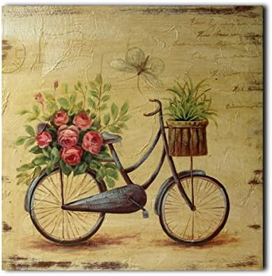 CVHOMEDECO. Retro Distressed Hand Painted drveni okvir zidna viseća 3d Dekoracija slika Art, dizajn leptira za cvijeće za bicikle, 15 x 15 inča