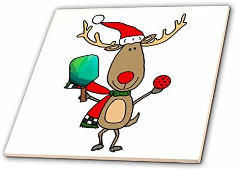 3drose Funny Rudolph Reindeer Playing Pickleball Sports Christmas Cartoon-Tiles