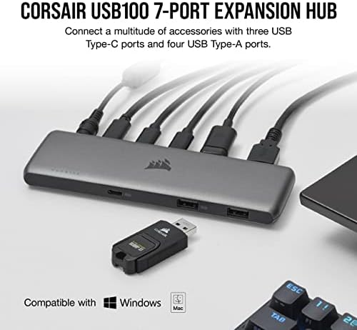 Corsair USB100 7-Port USB-C / USB-a hub za proširenje - 3x USB Type-C portovi - 4x USB Type-A portovi -
