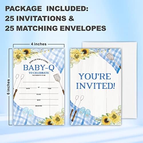 25 Pozivi za tuširanje s koverte-roštilj, bebe-q, dvostrani pozivi za bebe za bebe, rodno otkrivanje,