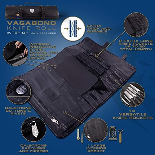 Dalstrong Vagabond Roll - Full & Top zrna brazilska kožna koferka - 16 utora - ponoćne džepove sa zatvaračem i stražnjim zatvaračima - lopatice putničko skladištenje / futrola - velika - do 20 noževa