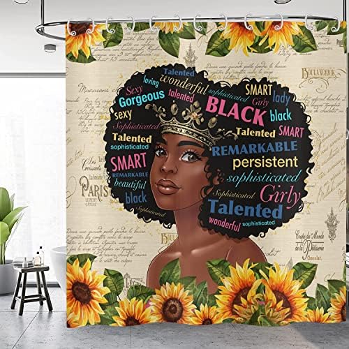 Gcirec Crna djevojka tuš za tuširanje, žuti suncokret Afrički američki motivacijski inspirativni citat ponderirana donje kupaonice zavjesa Kućni dekor Vodootporan koji se može pratiti sa kukama, 72 x72
