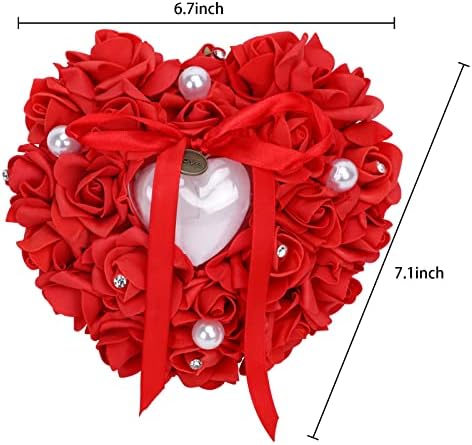 RUIXIA kutija za nosioce prstena u obliku srca za svadbene potrepštine dekoracija zaručnički prijedlog čipkaste ruže srce romantični prstenasti jastuk s vrpcom jastuk za držanje vjenčanog prstena, Crvena, jedne veličine