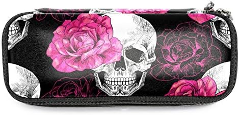 Lobanja i ružičaste ruže kožna torbica za olovku sa dvostrukom patentnim zatvaračem torba