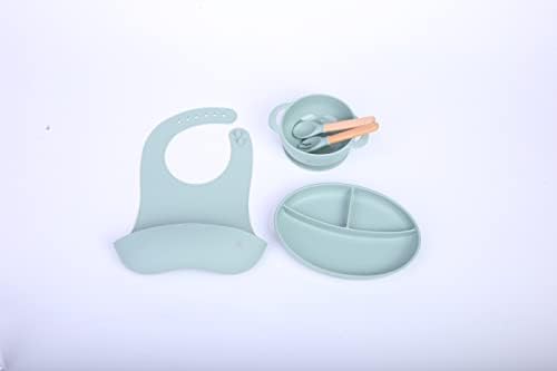 S & amp; M Set za hranjenje beba/ mališana-silikonski set od 5 komada-uključuje naprtnjaču, usisnu činiju, ploču, viljušku i kašiku-odličan početak odvikavanja od olova