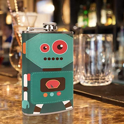 Hip tikvica za tečnost od nerđajućeg čelika nepropusna sa levkom 7.7 Oz kožna navlaka odlična poklon ideja tikvica-Funny Retro Cartoon Robot