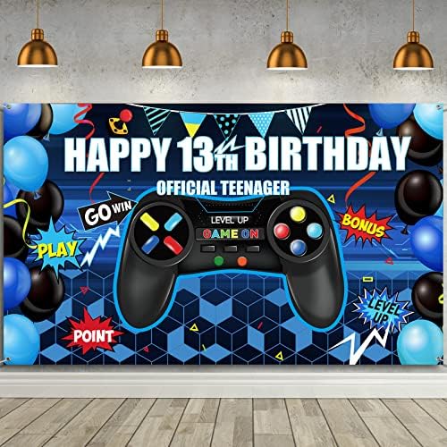 Happy 13th Birthday video game Backdrop Banner, Level 13 Up Birthday Background with Game Controller Print Gaming Theme for Photography, photo Props, Video Game Party Wall Decoration