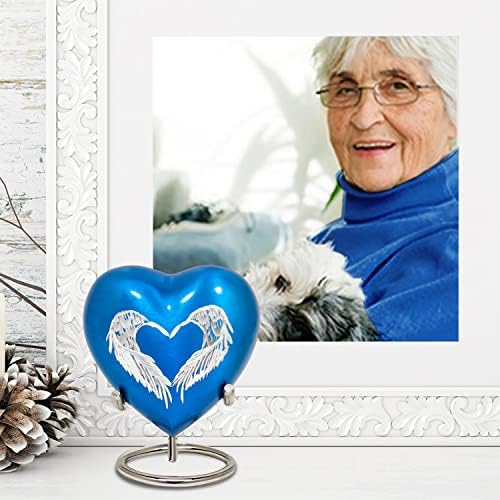 Plava srčana urna Angel - mala urna za uspomenu na srce za ljudski pepeo sa postoljem & kutija-Mini