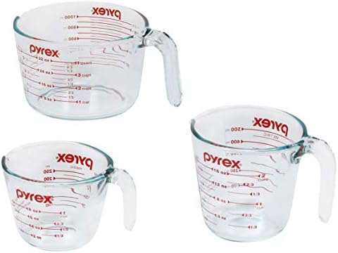 Pyrex Set čaša za mjerenje stakla od 3 komada, uključuje 1 šolju, 2 šolje i 4 šolje za merenje tečnosti od kaljenog stakla, mašinu za pranje sudova, zamrzivač, mikrotalasnu pećnicu i zagrejanu rernu, neophodne kuhinjske alate
