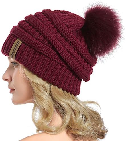 Queenfur Women Knit Slouchy Beanie Chunky Baggy šešir sa lažnim krznom pompom zimskom mekom toplom