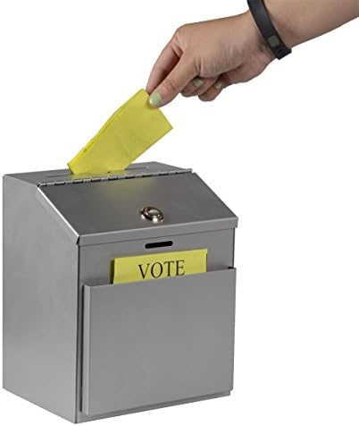 Glasačka kutija sa zaključavanjem poklopca sa šarkama i bočnim džepom za obrasce, metalni okvir za prijedlog za tablicu ili zidnu upotrebu, srebro