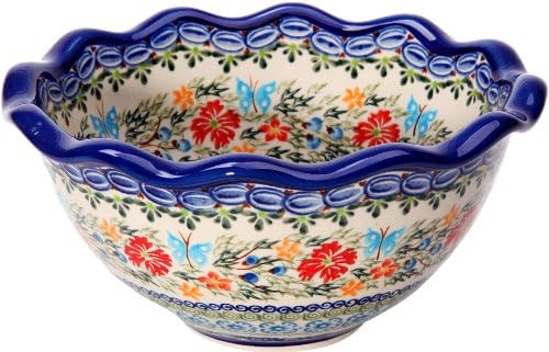 Poljska Keramika Ceramika Boleslawiec Bowl Fala šolje, male, kraljevske plave šare sa motivom Crvenog različka i plavih leptira, 5-3 / 4 inča