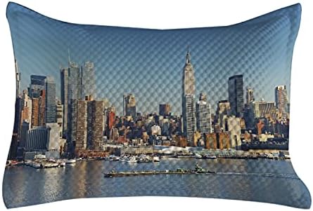 Ambesonne New York Quilted jastuk, urbani grad Skyline Manhattan sa gradom Empire State Building zbog rijeke Panorama, standardne kraljevske tipkovnice za jastuk za spavaću sobu, 36 x 20, plavo siva