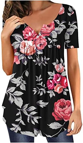 Ženski vrhovi sakriju trbuh tunika 2023 ljetni kratki rukav cvjetni print Henley majice za haljinu sa gamašima