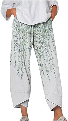 Obrezane vrećaste pantalone za žene, žene ljetne pamučne posteljine hlače list otisak široke ležaljke hlače casual harem hlače