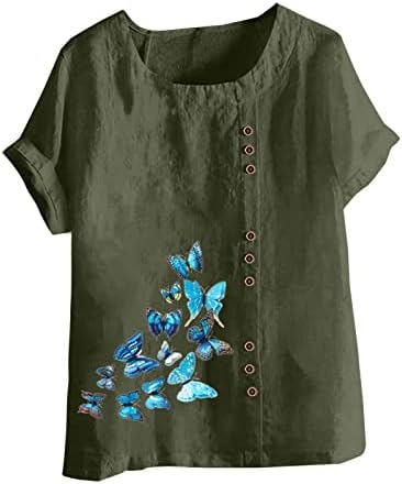 pbnbp ženske labave majice dugme dole letnji okrugli vrat tunike vrhovi pamučni laneni leptiri kratki rukavi Casual majice