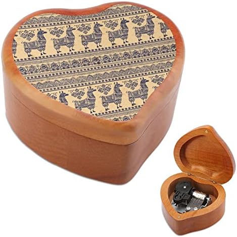 Slatka Alpaca Llama sa etničkim ukrasima drvena muzička kutija u obliku srčanih muzičkih kutija Vintage Wood kutija za poklon