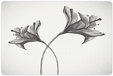 Lunarable Flower pet Mat za hranu i vodu, Digitalni Dotwork cvjetni dizajn Botaničke latice Florets Blossom tonirana ilustracija, pravougaona neklizajuća gumena prostirka za pse i mačke, siva