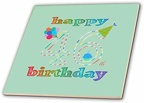 3drose sretan 46. rođendan, Cupcake sa svijećom, baloni, šešir, šareni-pločice