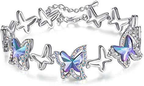 GEMMANCE Butterfly Link Charm narukvica sa Premium Birthstone Crystal-Silver-ton sa 7+2 lancem-podesivi