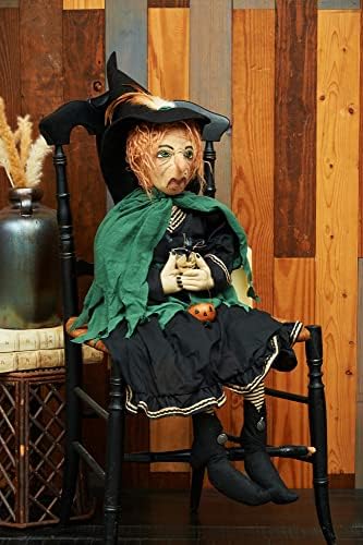 C & F Početna Halloween Yolanda Witch Crna Mačka Velika narodna umjetnička lutka Kolekcionari,
