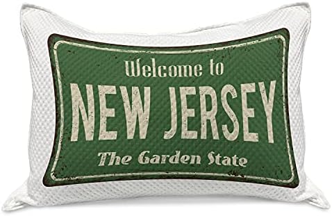 Lunarna USA Pleted quilt jastuk, dobrodošli u New Jersey Tysografija vrtnog stanja napisana u vintage rusty tonovima, standardnim poklopcem jastuka kralja za spavaću sobu, 36 x 20, zelena i bjelokosti