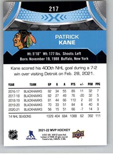 2021-22 Gornja paluba MVP 217 Patrick Kane Chicago Blackhawks NHL hokejaška trgovačka kartica