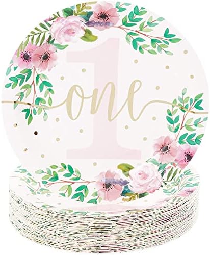 48-pakovanje cvjetnih papirnih tanjira za djevojčice 1. rođendan, ukrasi za prvi rođendan za djevojčice,