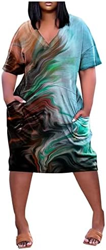 Dress DwocQQ Plus Veličina za žene Ljeto V izrez Skraćeno tiskane džepove Haljine Ležerne prilike labave plaže