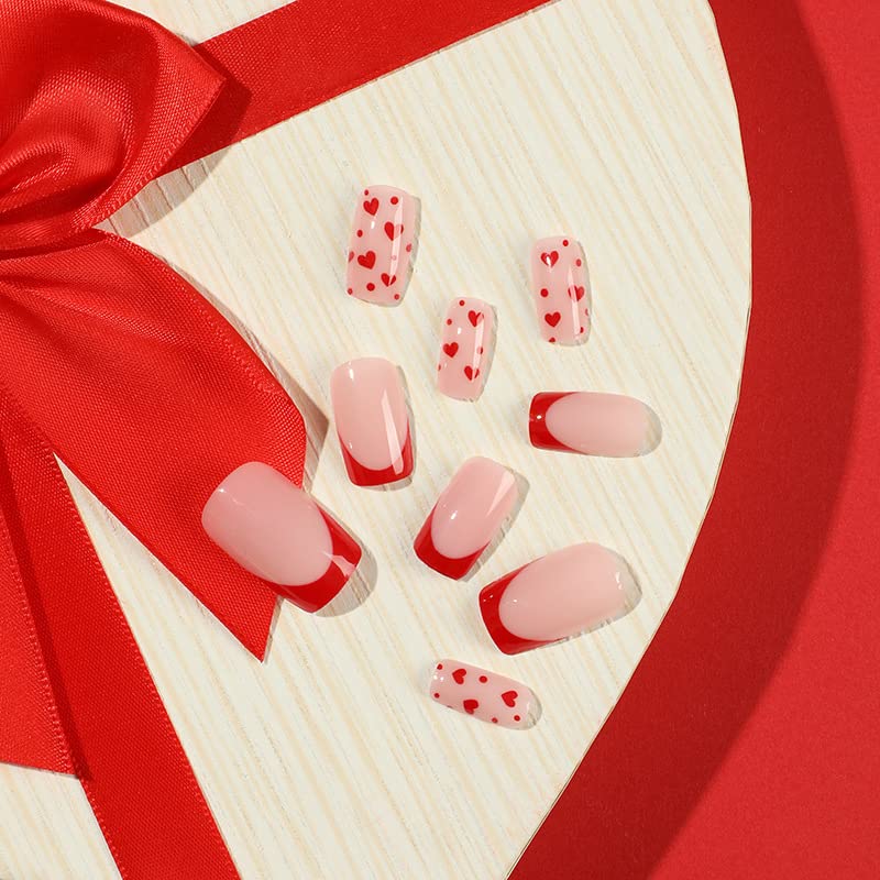 Valentinovo Press na noktima kratki kvadratni lažni nokti sa crvenim srcem Polka Dot dizajn francuski