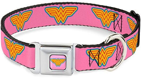 Kopčani pojas sa pasama za pse - Wonder Woman Logo Ružičasta / plava / žuta / ružičasta - 1 Široka - uklapa 9-15 vrata - male